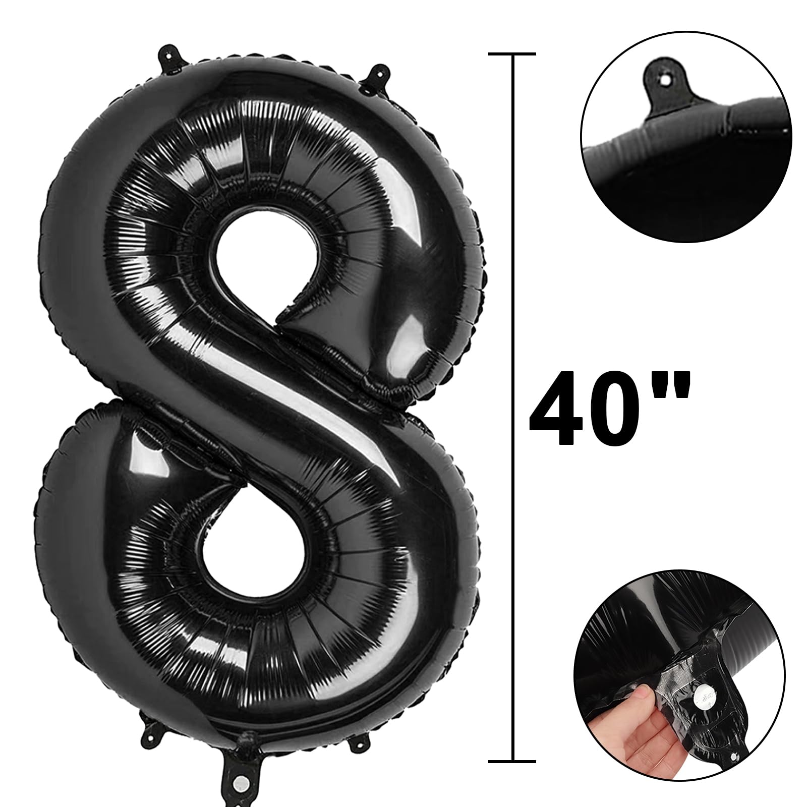 Kelfuoya black foil number 8 balloon close-up showing glossy finish