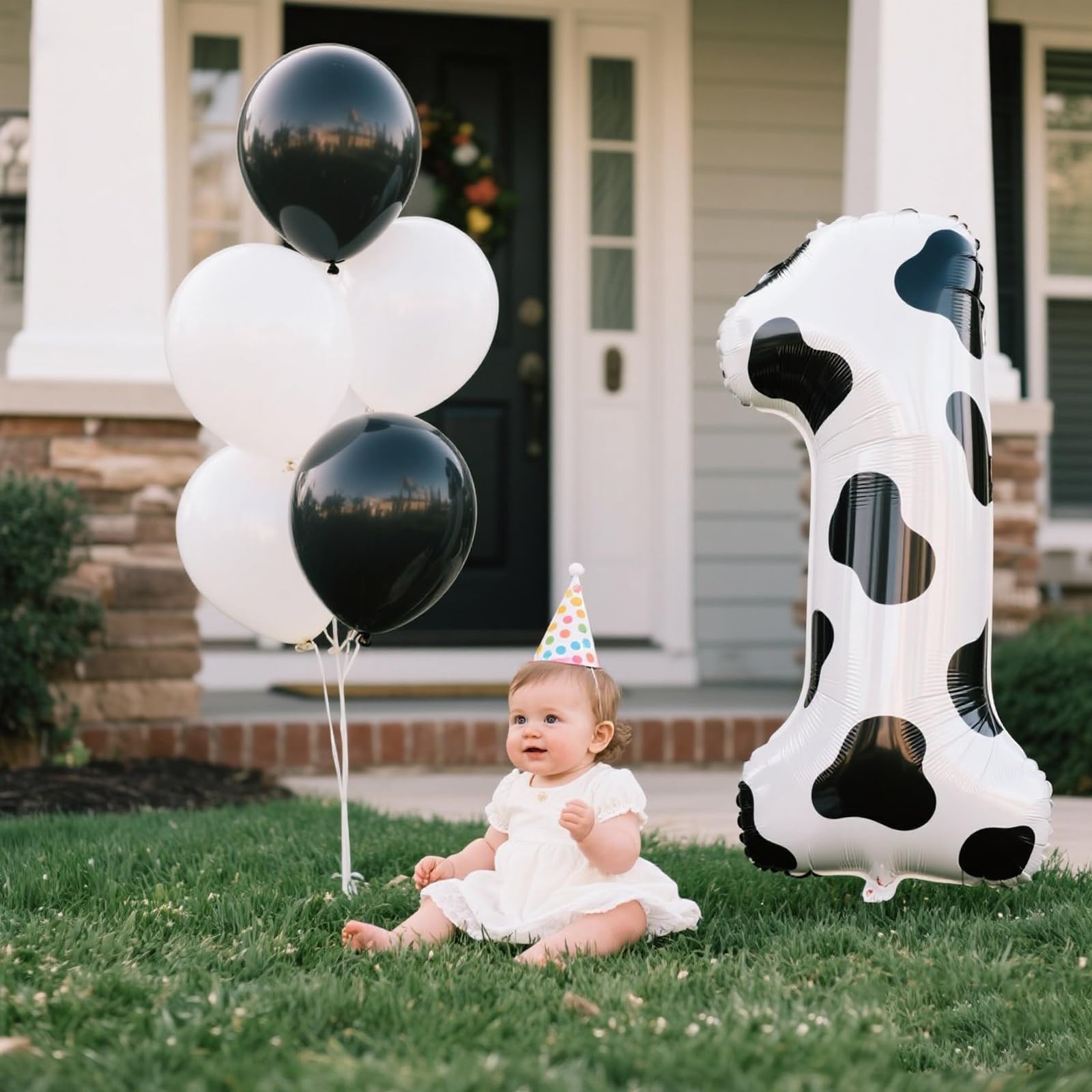 Kelfuoya cow-print number 1 balloon inflates easily with straw, quick setup.
