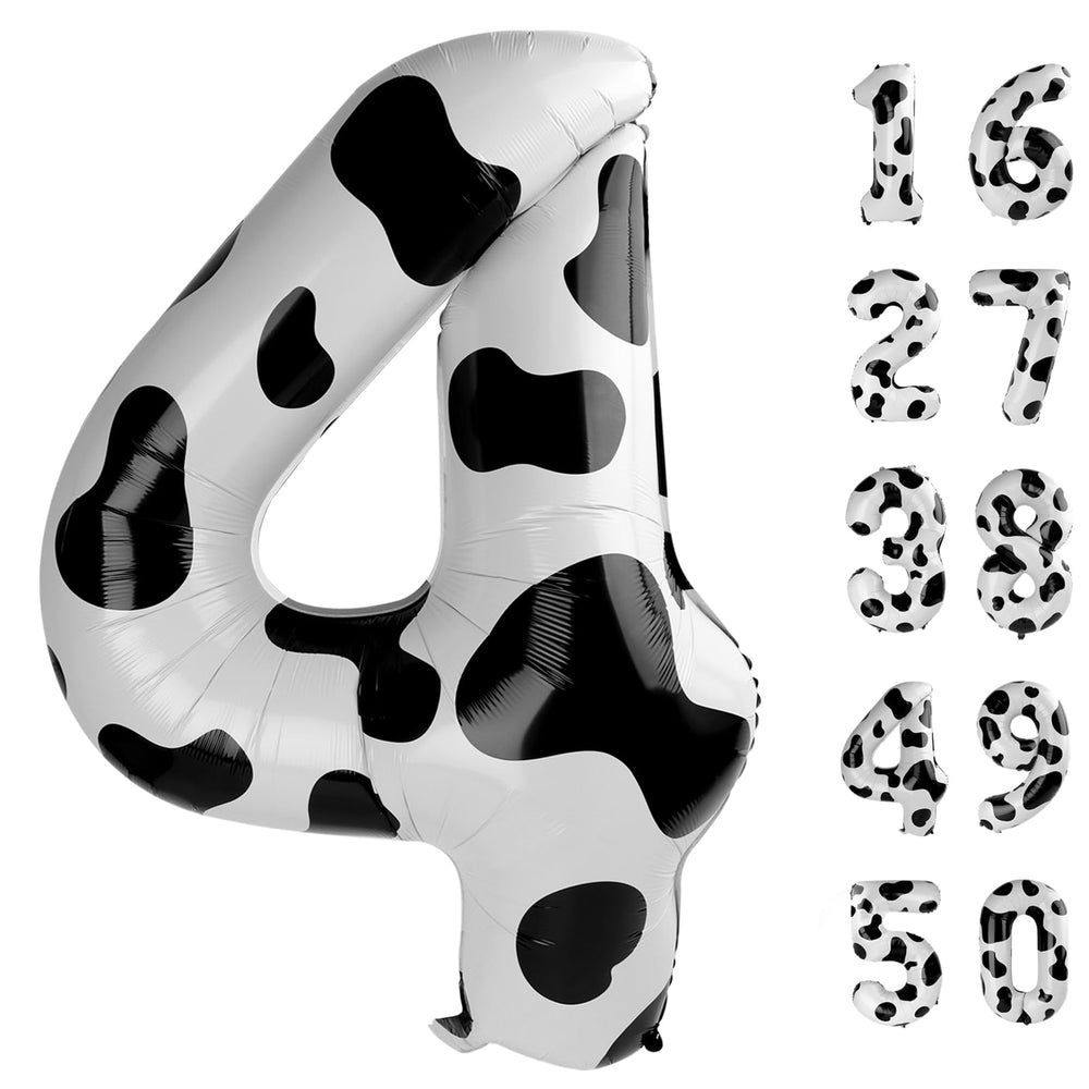 Kelfuoya cow-print 4-number balloon creates a striking 40-inch birthday backdrop.