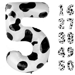 Kelfuoya cow-print number 5 balloon creates a bold 40-inch backdrop for photos.