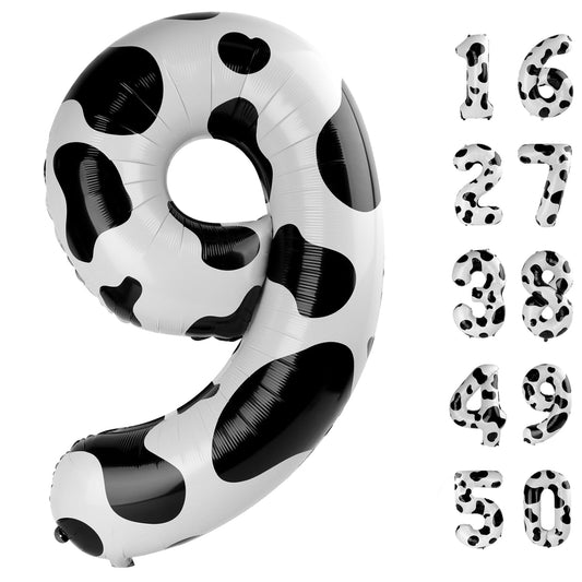 Kelfuoya cow-print number 9 balloon, front view, ideal for milestone celebrations.