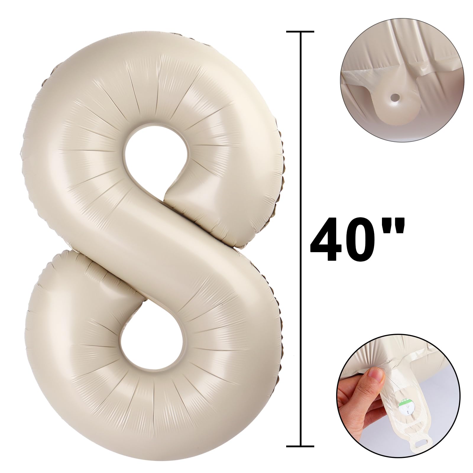 Kelfuoya cream foil number 8 giant balloon creates elegant backdrops.