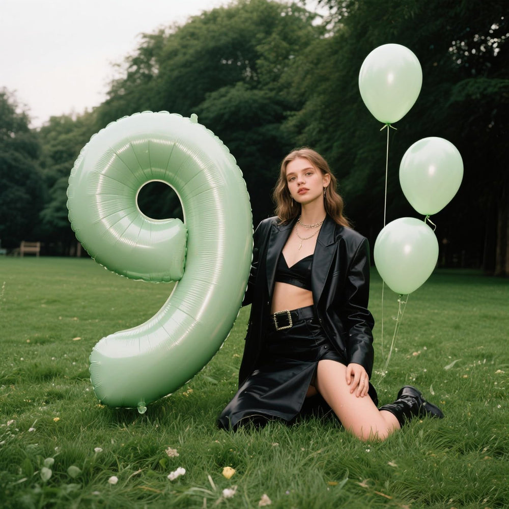 Kelfuoya foil number 9 olive green balloon ready for easy setup and photos.