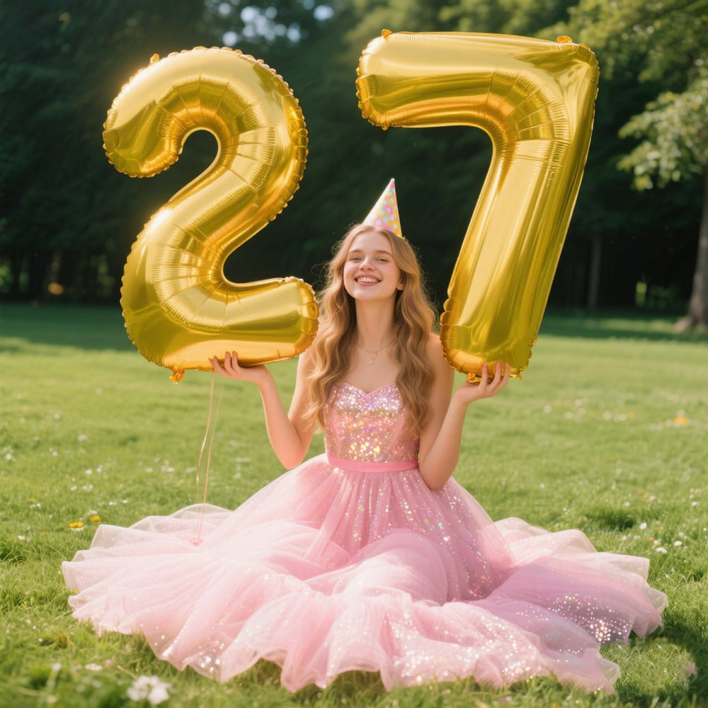 Kelfuoya 40-inch gold number 27 balloon wedding setup adds elegant milestone decor