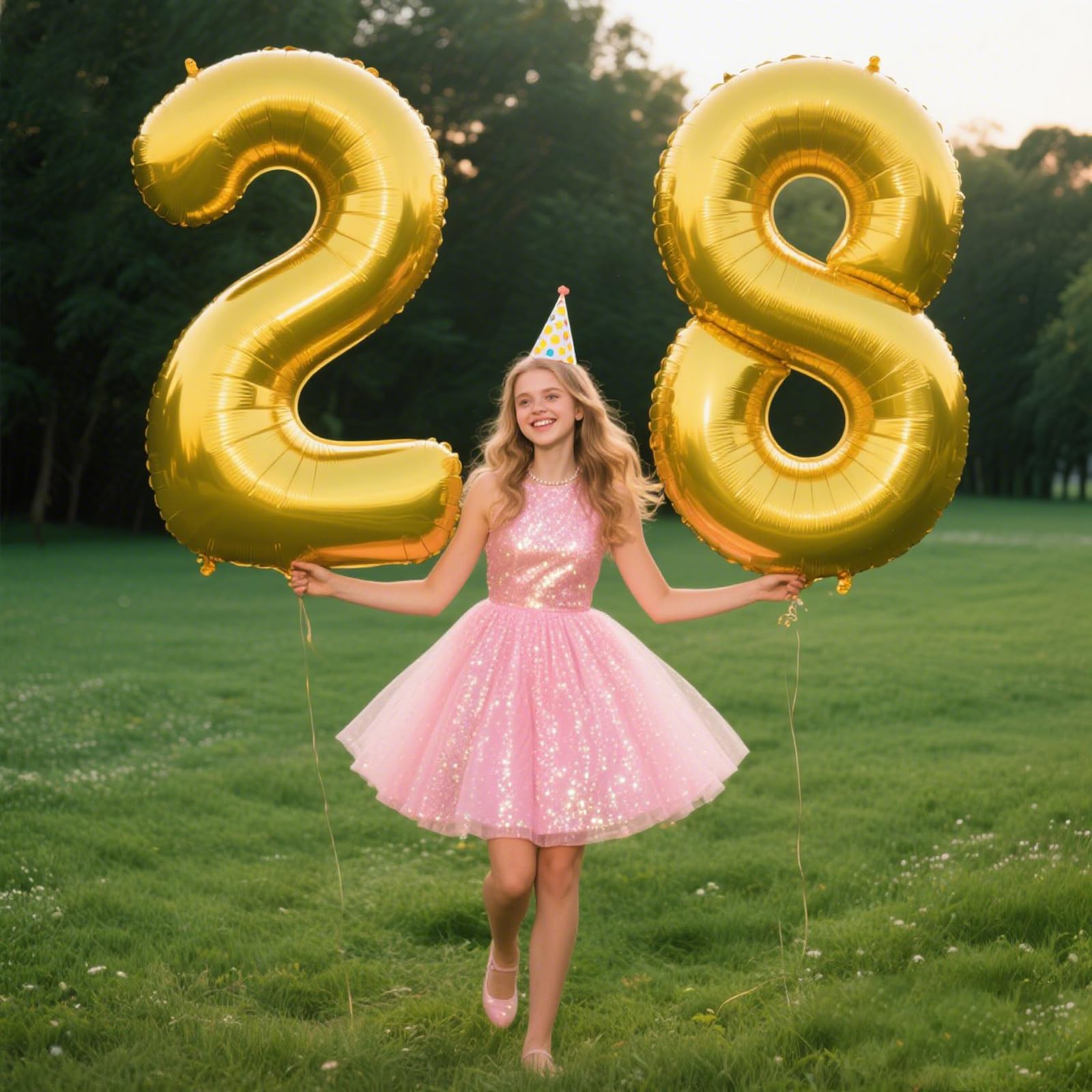 Kelfuoya gold foil 28-number balloon on wall creates elegant backdrop