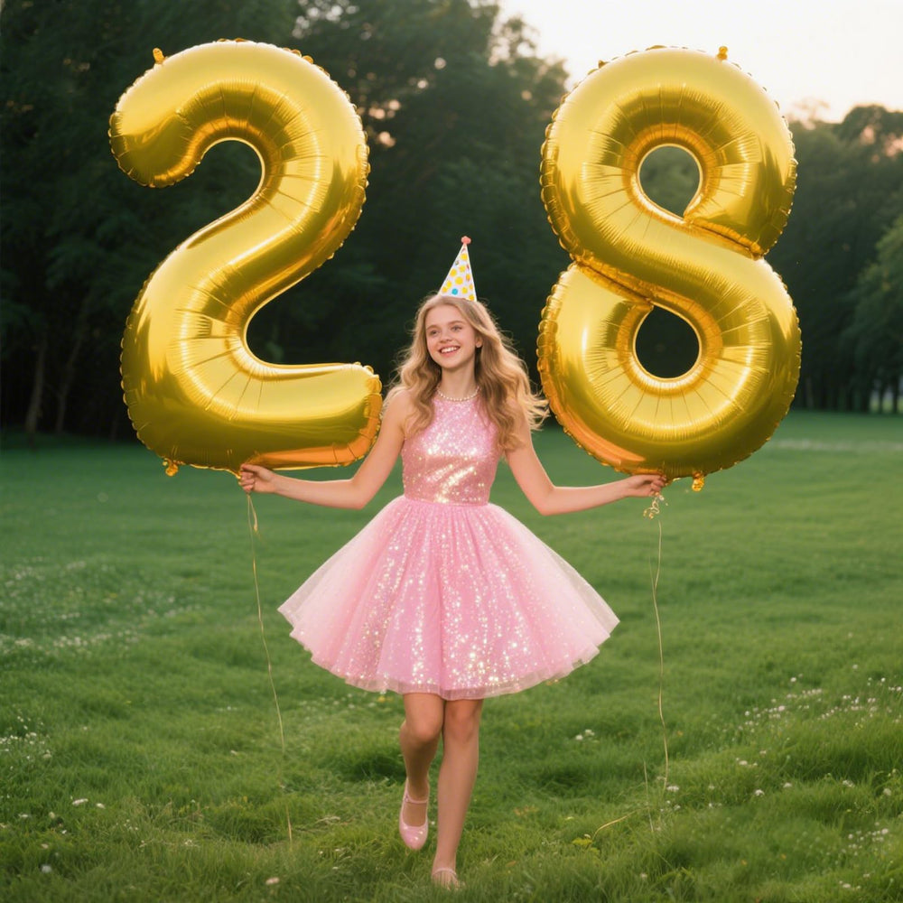 Kelfuoya gold foil 28-number balloon on wall creates elegant backdrop