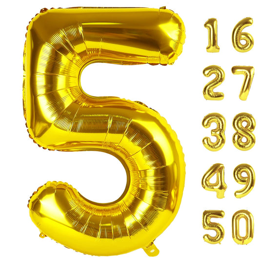 Kelfuoya gold number 5 balloon, 40inch front view, striking birthday centerpiece.