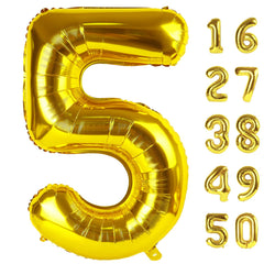 Kelfuoya gold number 5 balloon, 40inch front view, striking birthday centerpiece.