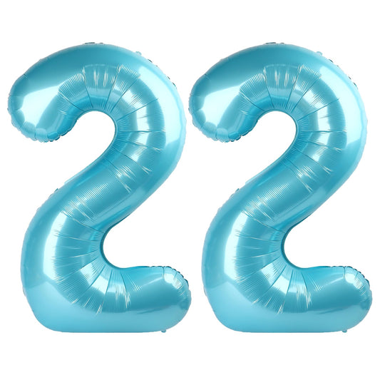 Kelfuoya light blue 40-inch number 22 balloon creating a bold birthday backdrop.