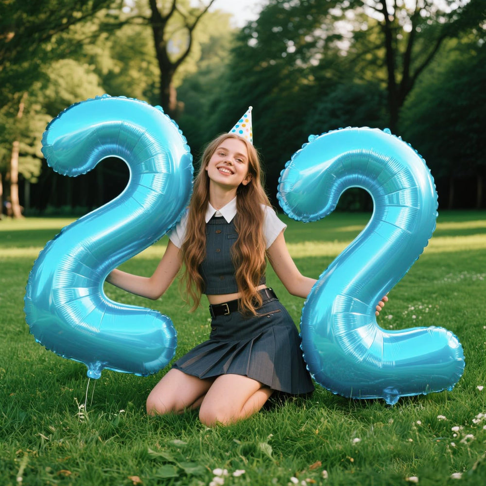 Kelfuoya light blue number 22 balloon used as wedding anniversary backdrop.