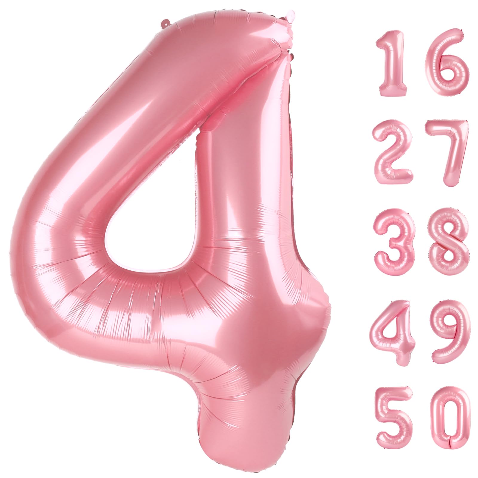 Kelfuoya pearlescent pink 40-inch four-number balloons create a striking backdrop for photos