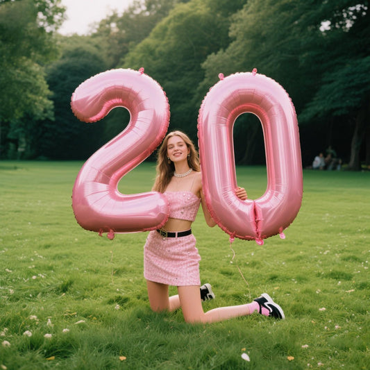 Kelfuoya pearlescent pink number 20 balloon serves as a photo-ready party centerpiece.