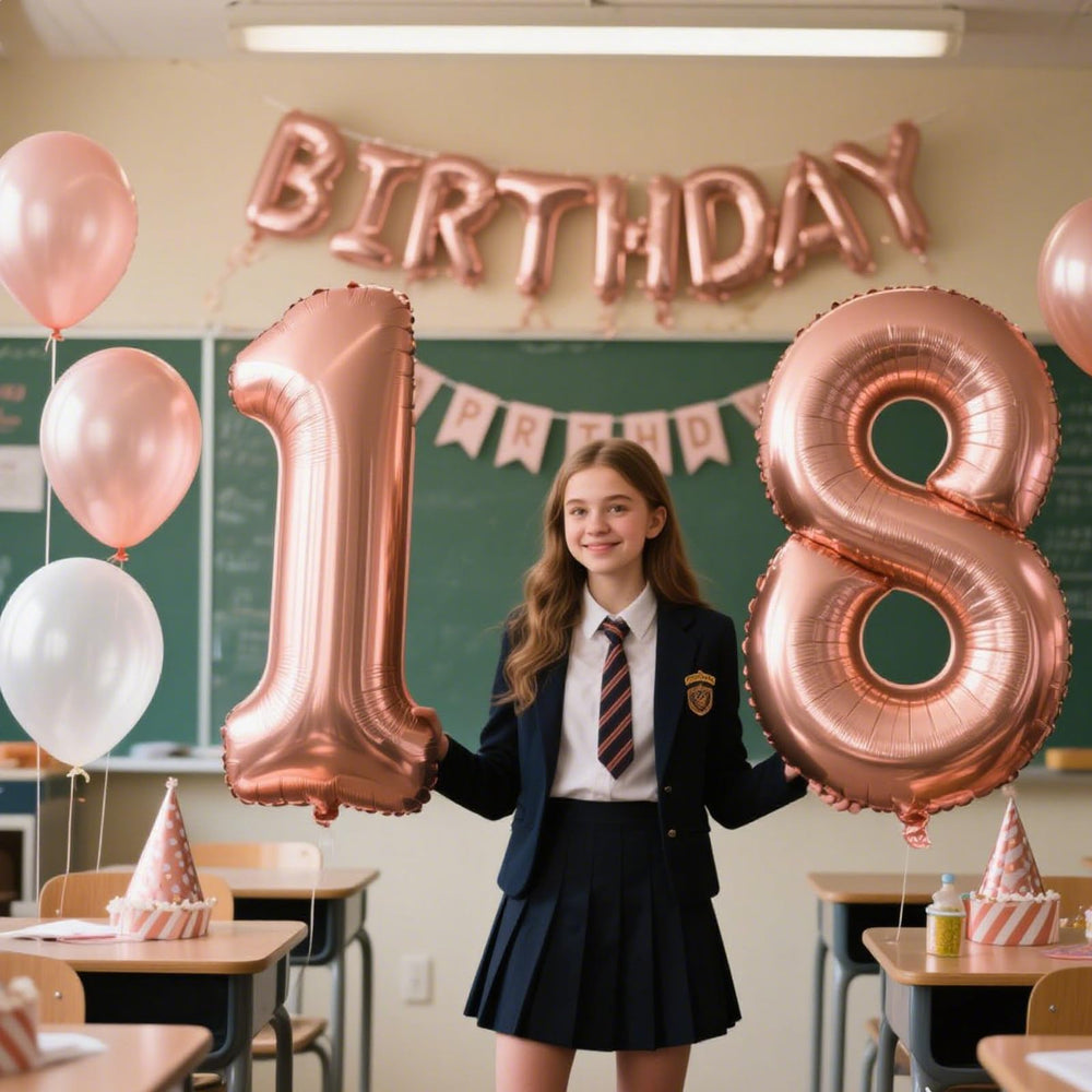 Kelfuoya rose gold 18-number balloon ready for photo pose