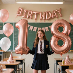 Kelfuoya rose gold 18-number balloon ready for photo pose