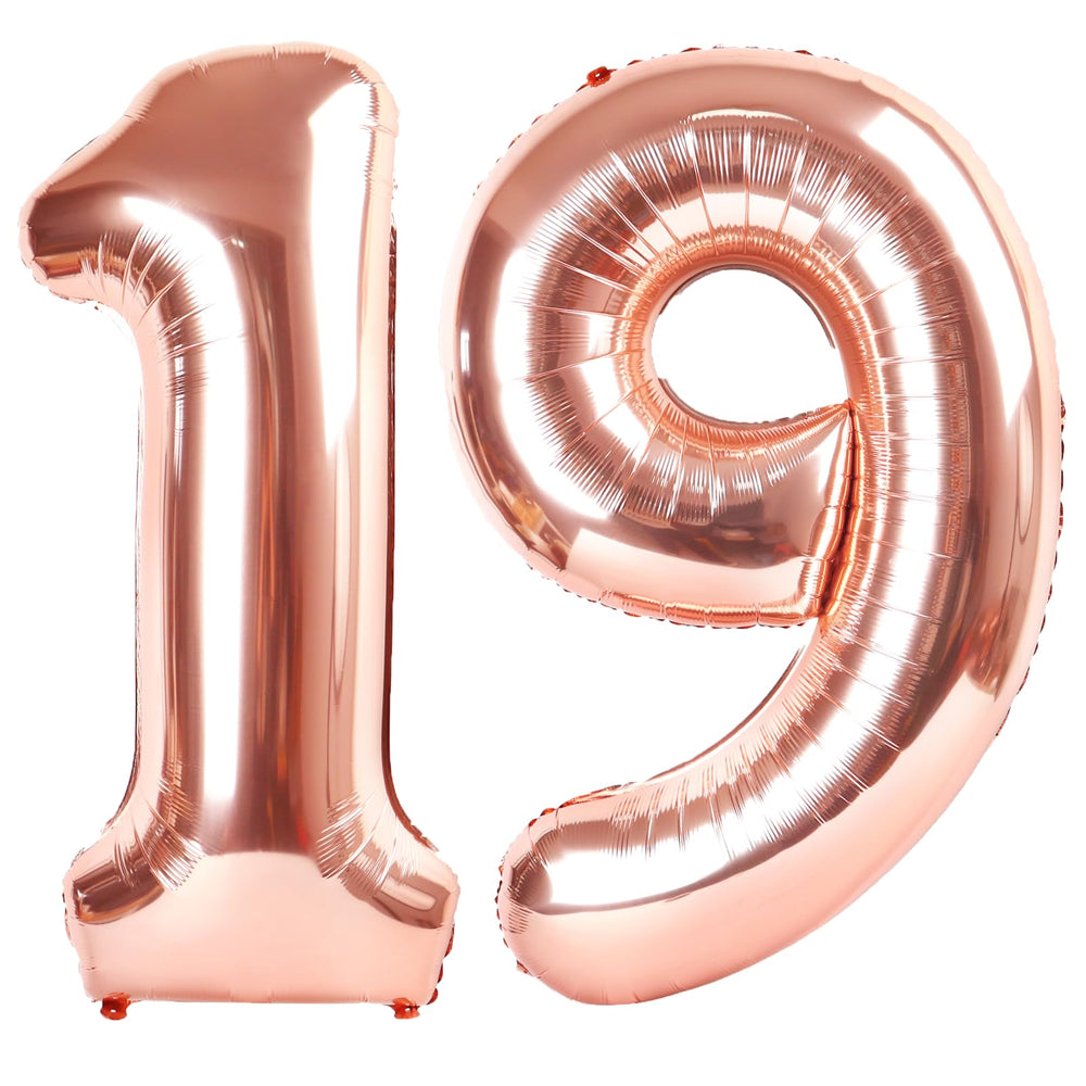 Kelfuoya rose gold 19 balloon front view for striking party photos