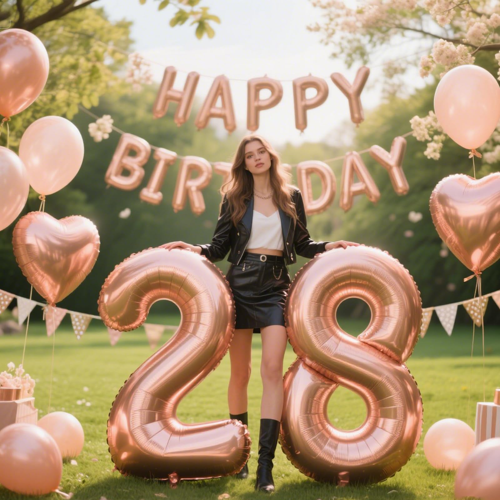 Kelfuoya rose gold 28 balloon photo backdrop at parties.