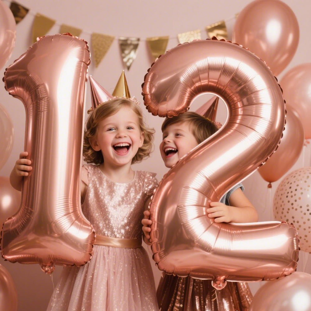Kelfuoya rose gold birthday backdrop with 12 balloons for festive photos.