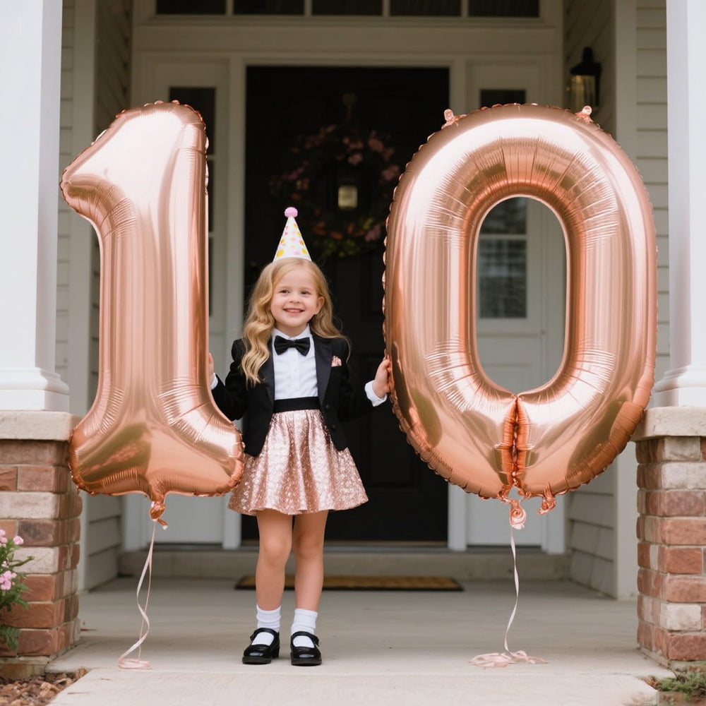 Kelfuoya rose gold number 10 balloon close-up showing premium foil shine