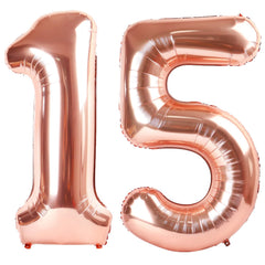 Kelfuoya rose gold 40in number 15 balloon creates a striking wall display for birthdays.