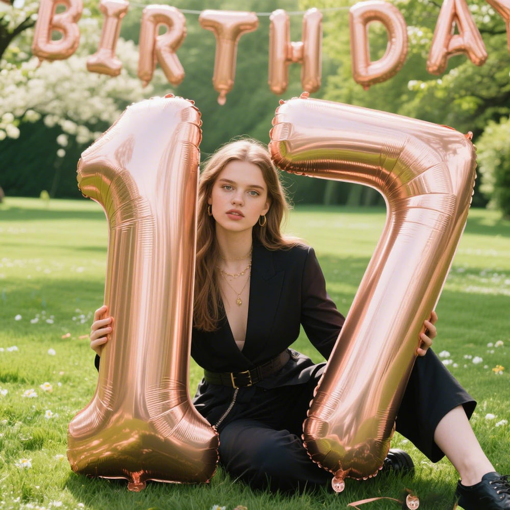 Kelfuoya rose gold 17 balloon made of durable Mylar foil for indoor outdoor use.