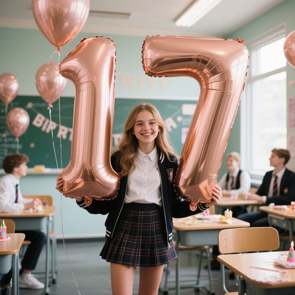 Kelfuoya rose gold 17 balloon setup for venue photography and decor.