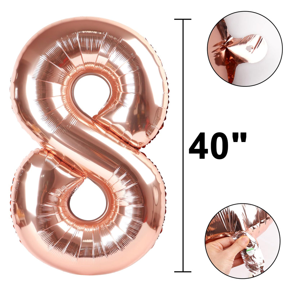 Kelfuoya Rose Gold Number 8 balloon on wall adds elegant backdrop