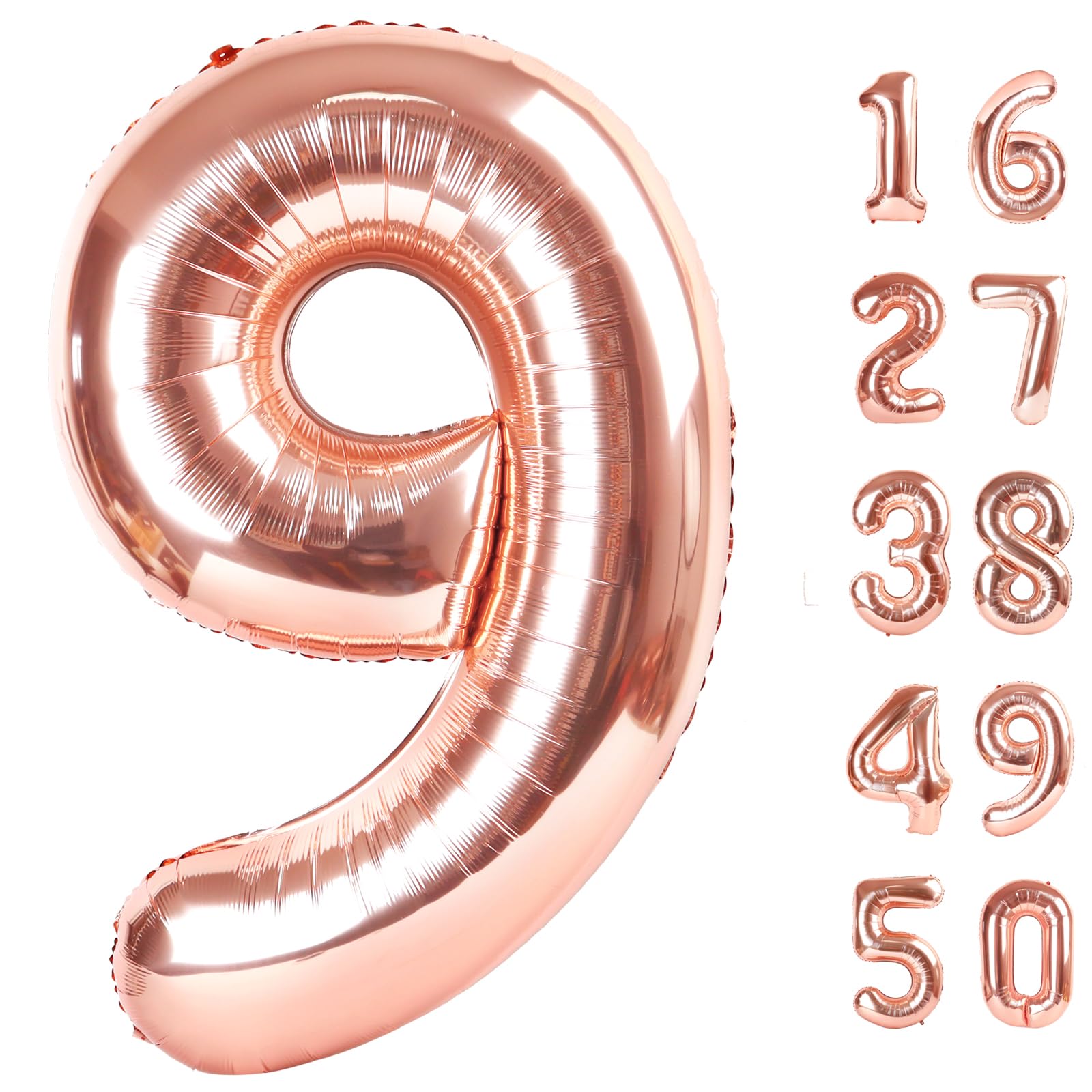 Kelfuoya Rose Gold Number 9 balloon on a wall display for a birthday party backdrop.