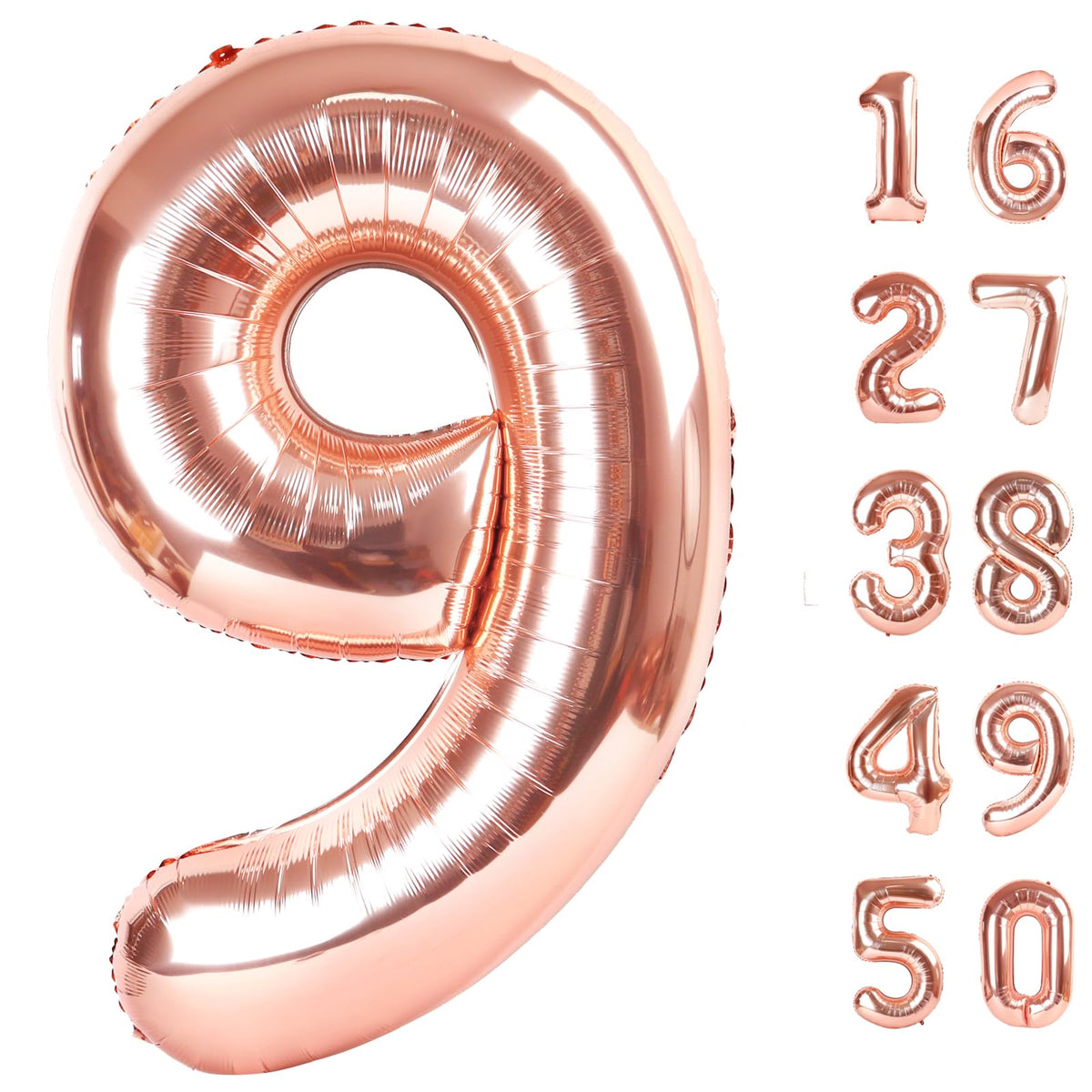 Kelfuoya Rose Gold Number 9 balloon on a wall display for a birthday party backdrop.