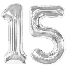 Kelfuoya silver 15-number balloon front view, 40-inch display for birthdays.