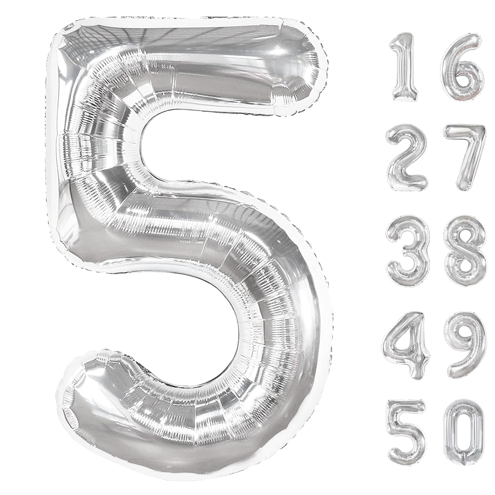 Kelfuoya silver 40-inch number 5 balloon ideal for birthdays and photo backdrops.