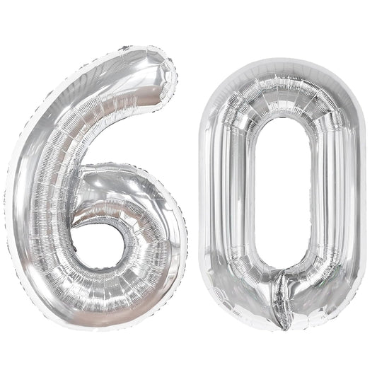 Kelfuoya silver 60-number balloon foil close-up for elegant party decor.