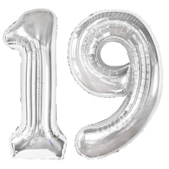 Kelfuoya silver number 19 balloon, 40-inch size, creates a dramatic party backdrop.