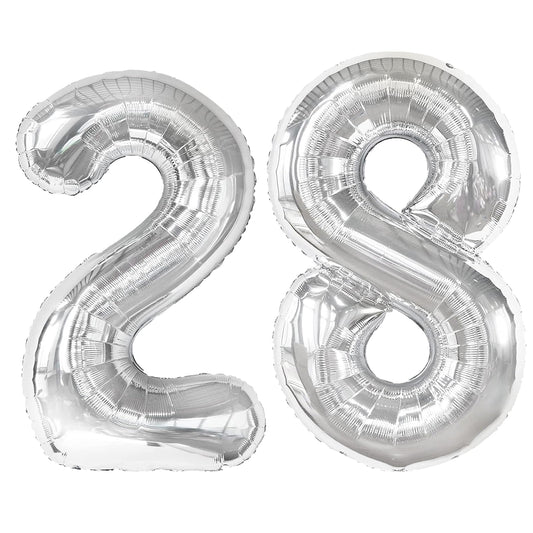 Kelfuoya silver number 28 balloon front view for an elegant birthday backdrop
