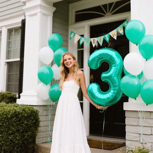 Kelfuoya teal blue giant number 3 balloon creates a striking centerpiece for anniversaries.