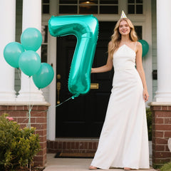 Kelfuoya teal foil number 7 balloon adds elegant focal point to celebrations
