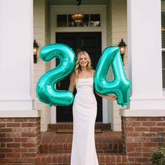 Kelfuoya teal foil number balloon for stable wall display.