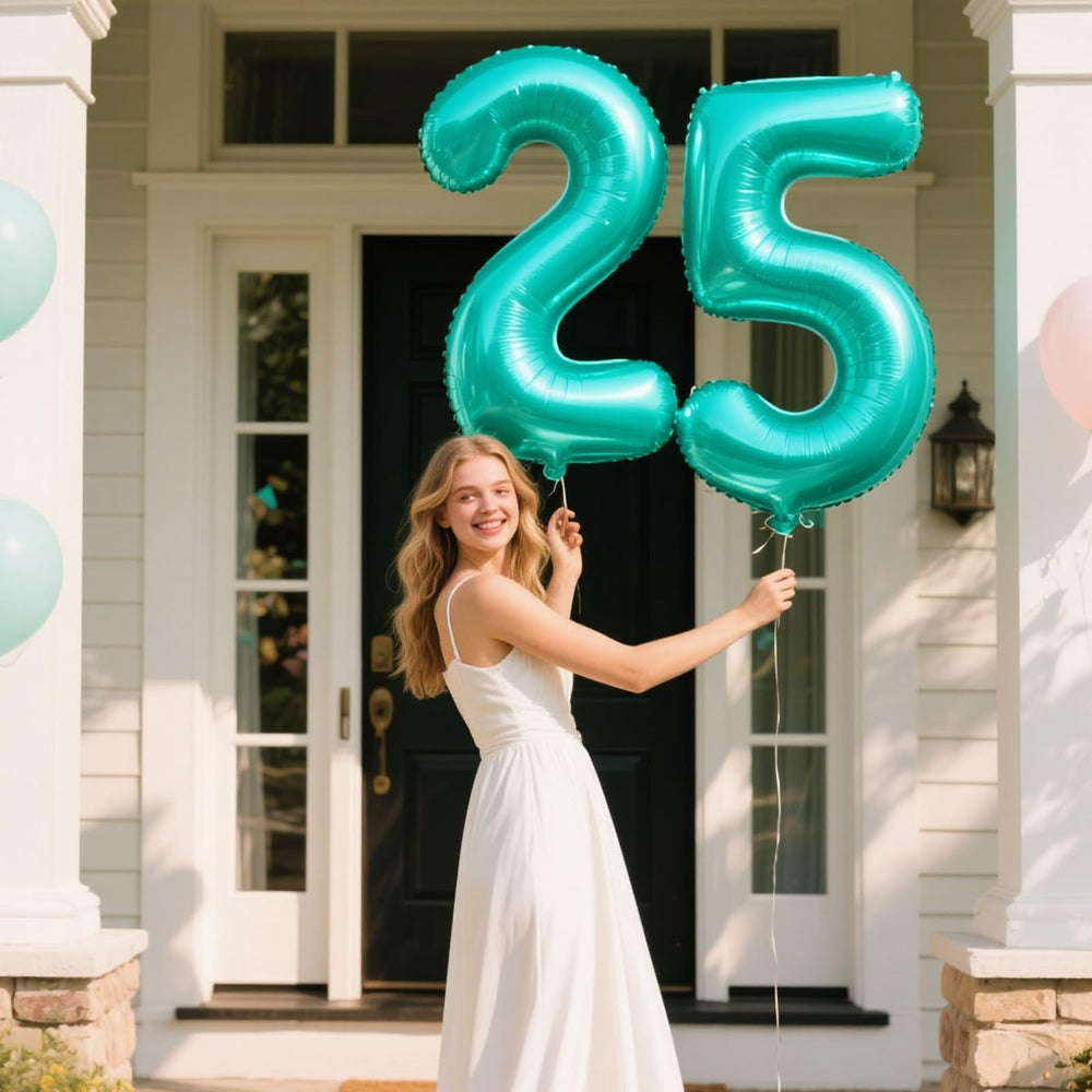 Kelfuoya teal number 5 balloon ceiling decor creates festive ambiance.