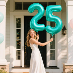 Kelfuoya teal number 5 balloon ceiling decor creates festive ambiance.