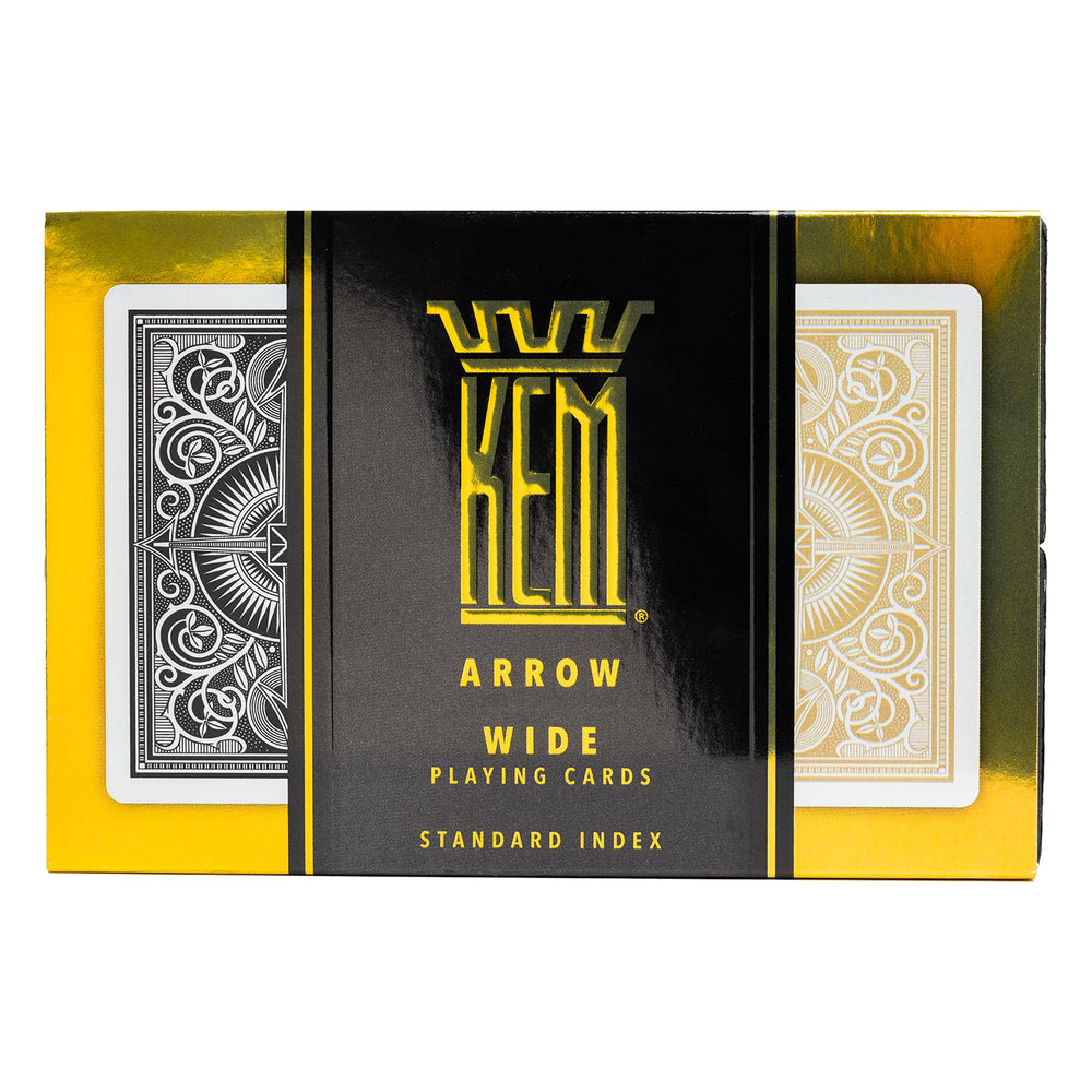 KEM Arrow Black and Gold 100% plastic cards, built for long-lasting shuffles.