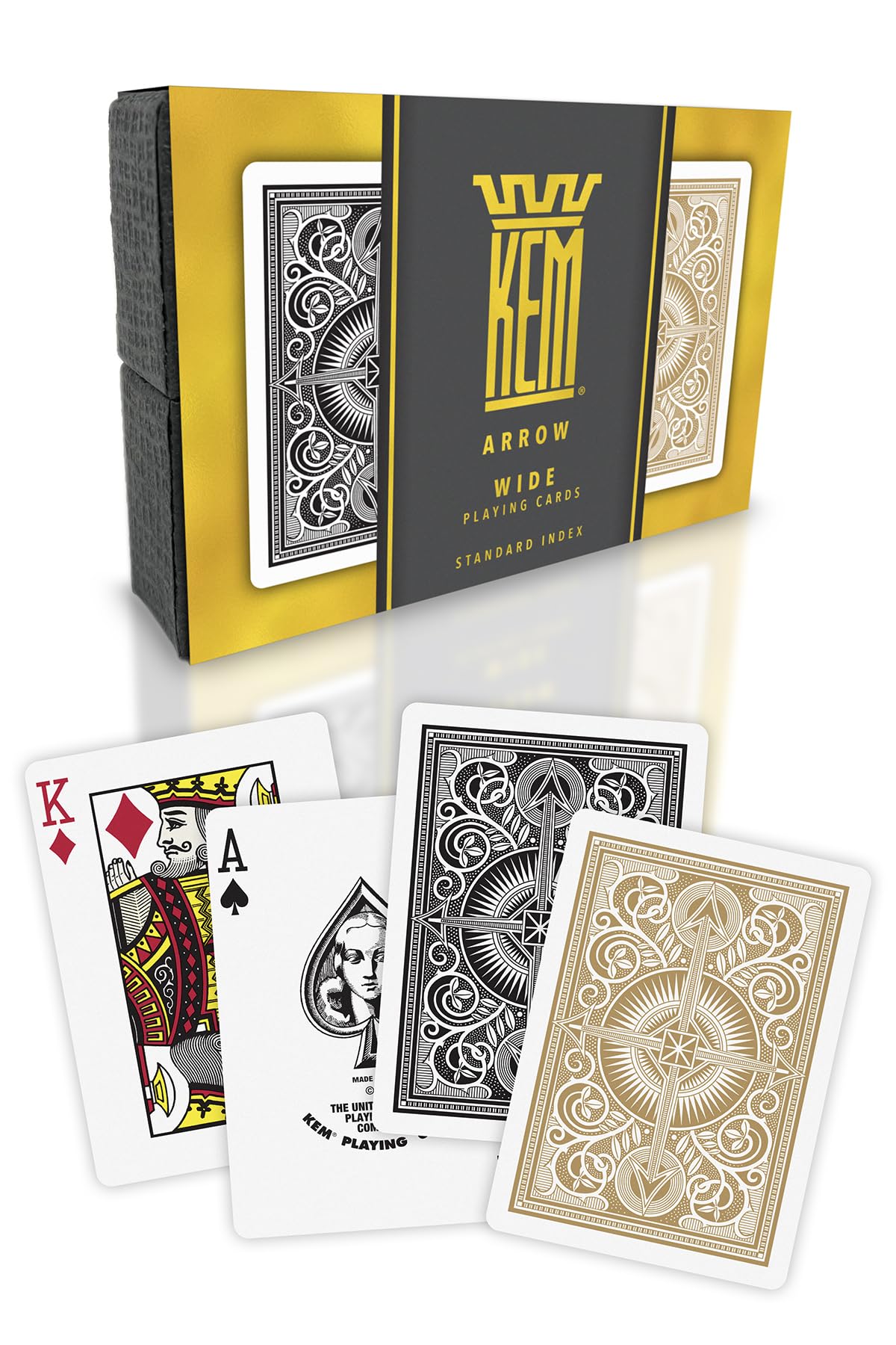 KEM Arrow Black and Gold cards in premium box, showcasing luxury packaging and durable plastic build.