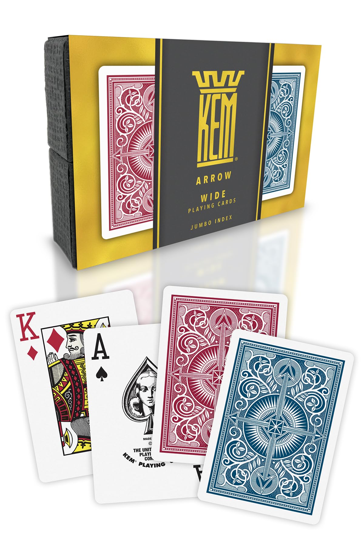 KEM Arrow red and blue decks in premium box, ideal for gifting.