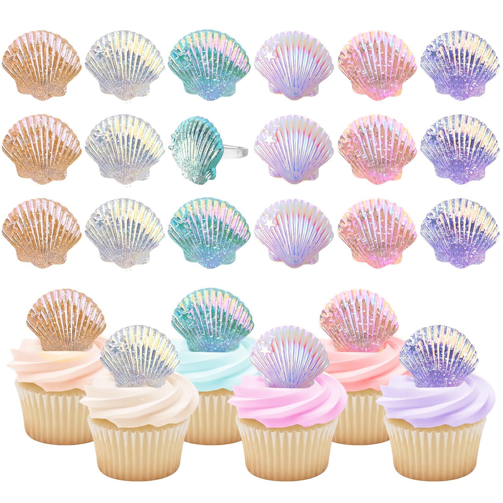 Kenning resin seashell cupcake toppers in six colors brighten ocean-themed desserts.