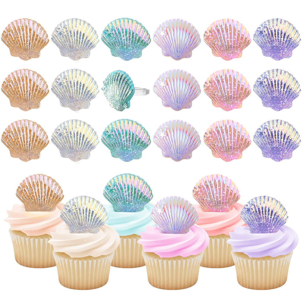 Kenning resin seashell cupcake toppers in six colors brighten ocean-themed desserts.