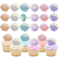 Kenning resin seashell cupcake toppers in six colors brighten ocean-themed desserts.
