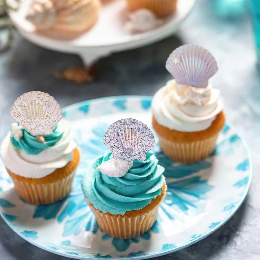 Kenning seashell cupcake toppers decorate cupcakes, desserts, and gift-friendly party favors.