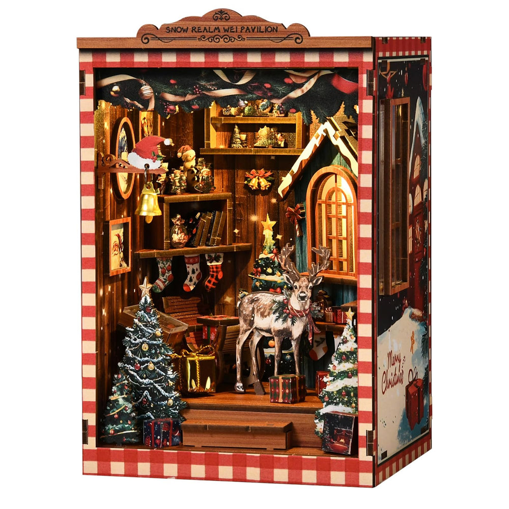 KERNOWO Book Nook Kit Snow Pavilion assembly shown on a shelf for cozy decor.