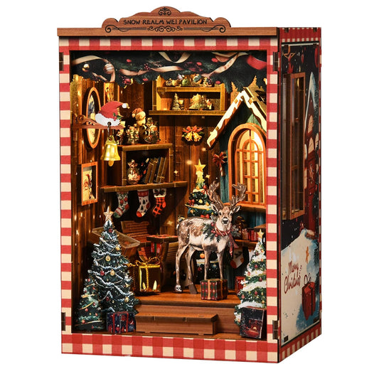 KERNOWO Book Nook Kit Snow Pavilion assembly shown on a shelf for cozy decor.