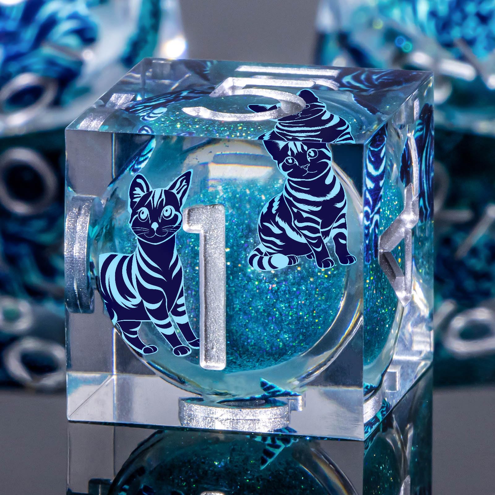 KERWELLSI blue D8 die with laser-etched cat silhouettes, style and clarity