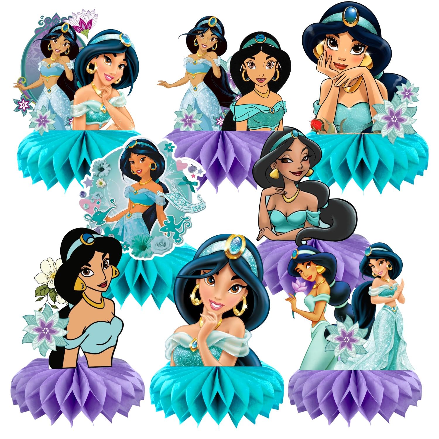 KERWHIS 8Pcs Princess Jasmine table centerpieces dual-sided decor enhances party ambiance.