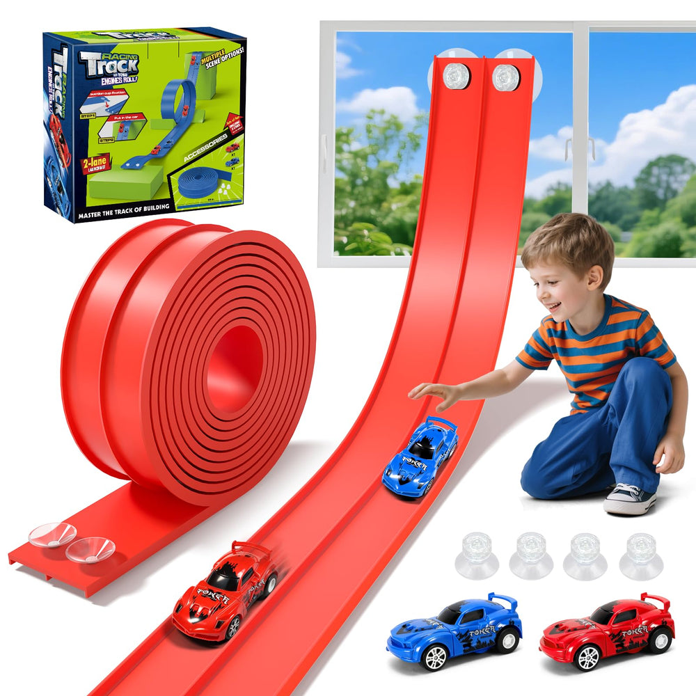 KETIEE Flex Tracks 16ft bendable racetrack on the living room floor invites imaginative racing.